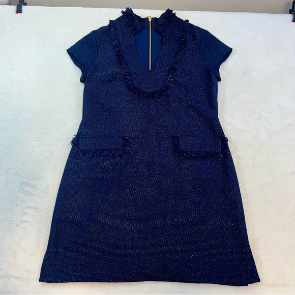 Sail to Sable Navy Blue Gold Metallic Tweed Fringe Tunic Shift Dress Size 10 - Picture 4 of 14